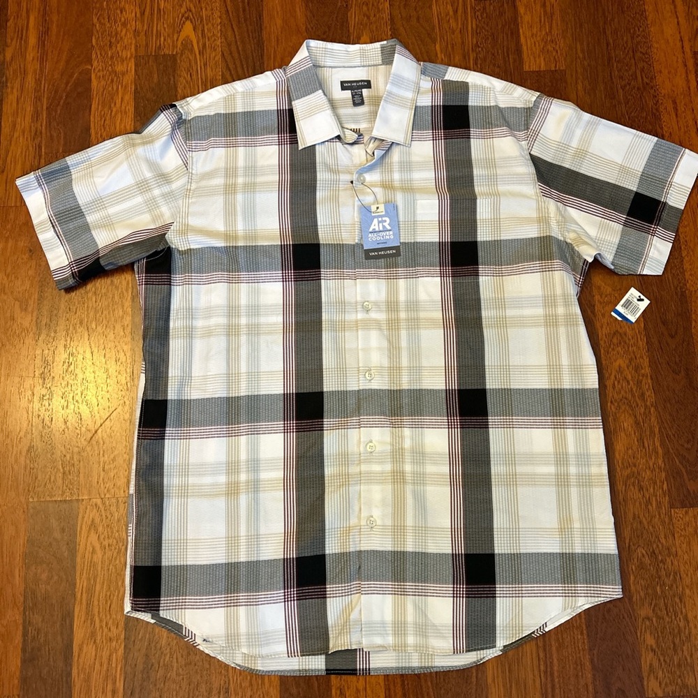 Van Heusen AIR Plaid Men’s Short Sleeve Camp Shirt Size XL Office Golf Vacation
